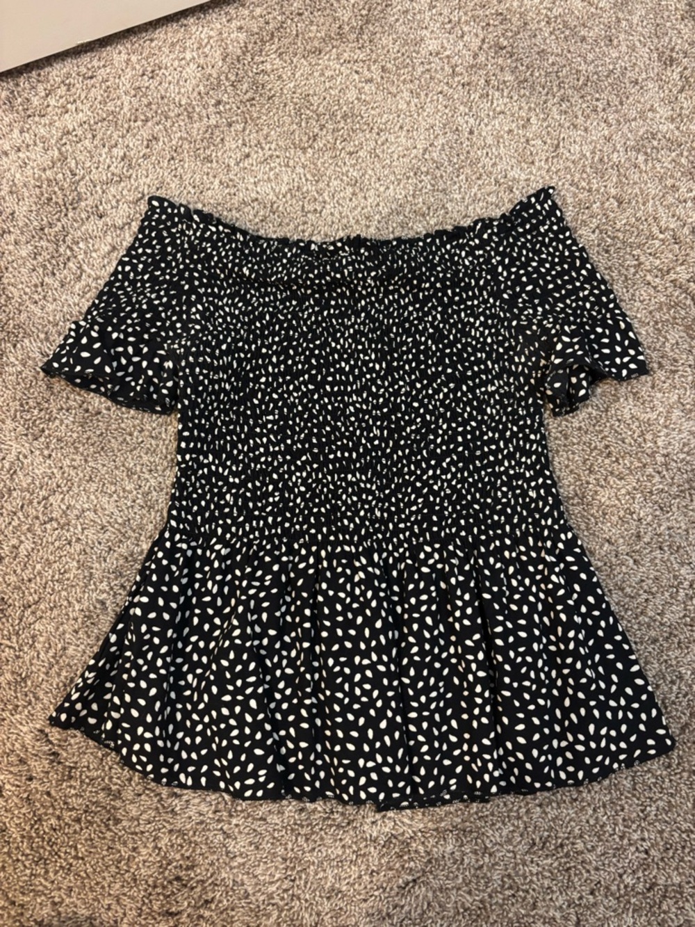 Japna Black Off-Shoulder Smocked Dot Peplum Top